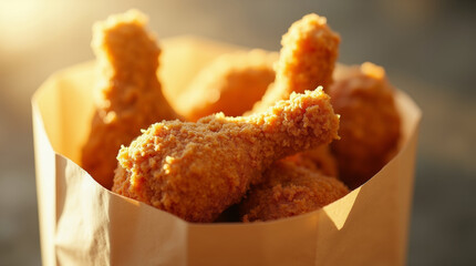 Breaded fried chicken drumstick in a paper bag in the sunlight