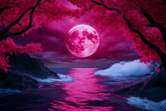 Pink Moonlit Seascape - Serene pink moon rises over a tranquil ocean, framed by vibrant pink trees. Magical, dreamy atmosphere
