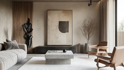 Modern minimalist living room interior design featuring a neutral color palette, with a large abstract art piece, dark wood accents, and comfortable seating.