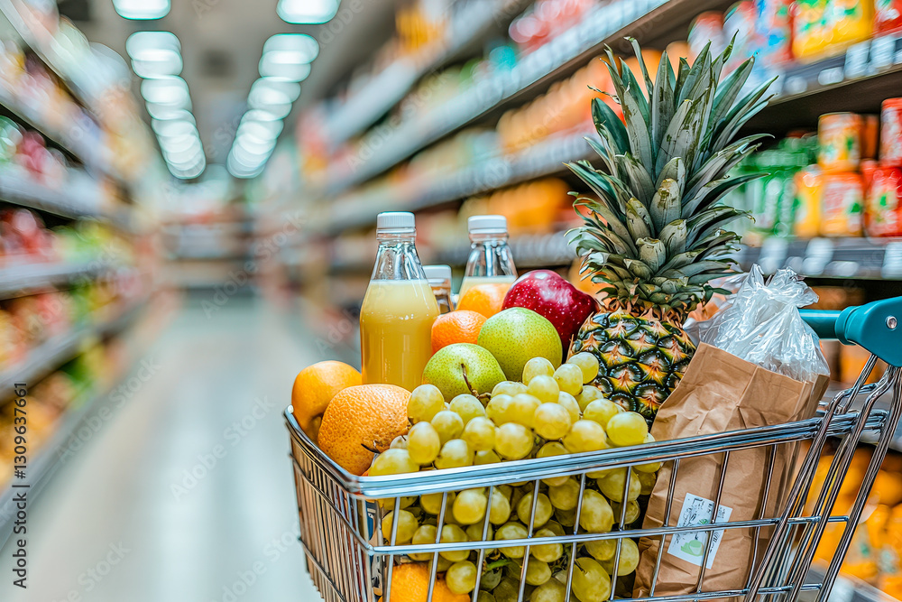 Poster a grocery cart holds an assortment of fresh fruits and drinks while surrounded by colorful shelves i