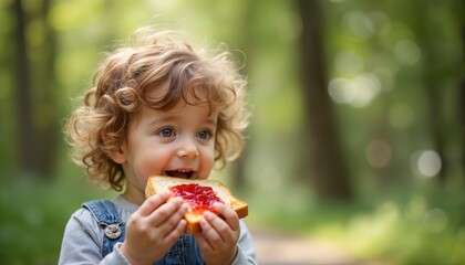 Blond curly child holds sandwich with jelly outdoors. Cute joyful kid eats snack amid nature, smiling. Healthy fresh bread, sunlight bokeh. Summer childhood moments, happy carefree time, refreshment.