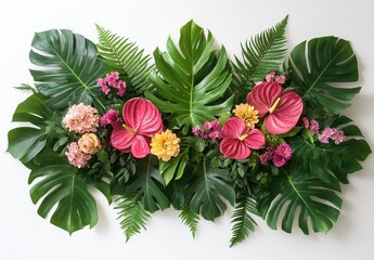 Vibrant Tropical Floral Arrangement with Pink Anthurium, Green Leaves, and Colorful Flowers on a White Background for Interior Decoration