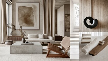Modern minimalist living room interior design showcasing a neutral color palette, featuring a concrete coffee table, beige sofa, and mid-century modern chair.