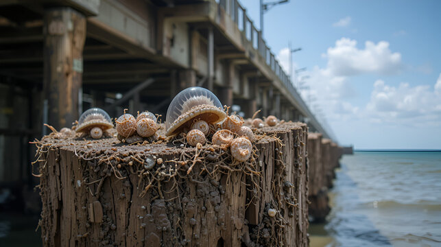 Molluscan borers or shellfish can seen on the stumps of bridge piers.