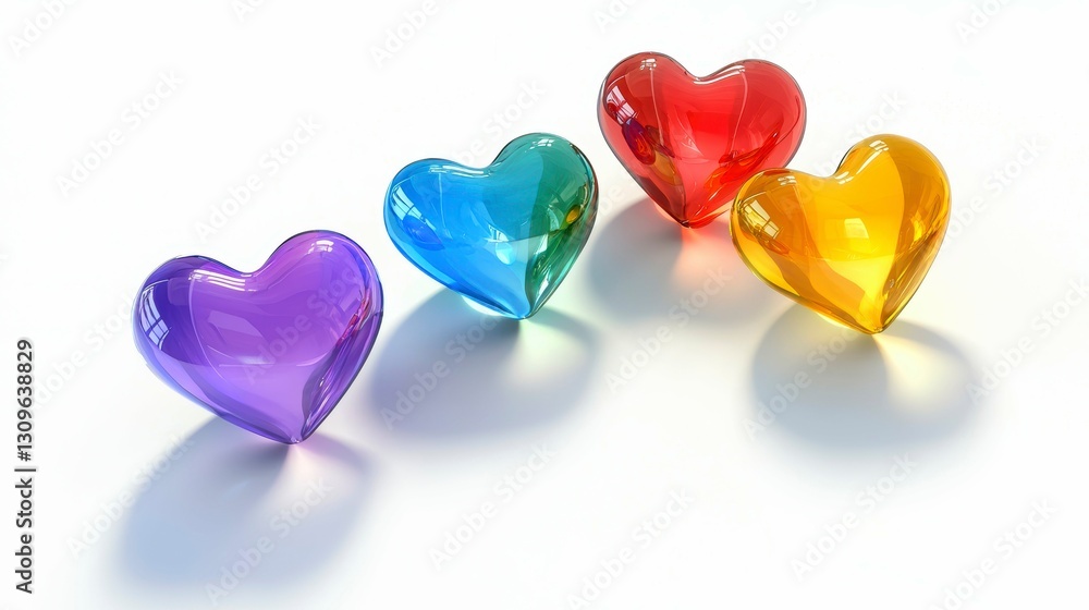 Poster array of translucent heart shapes in vibrant colors symbolizing affection on a white surface