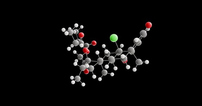 Beclometasone dipropionate molecule, rotating 3D model of steroid ester, looped video on a black background
