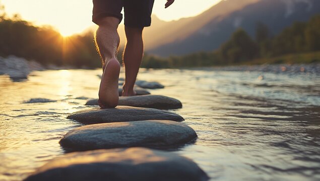 Man walking barefoot across stepping stones in a river at sunset. Peaceful, serene moment in nature.
