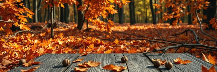 Weathered wooden board set against a backdrop of vibrant orange autumn leaves scattered on the forest floor with fallen branches and acorns in a warm sunlight glow, foliage, nature