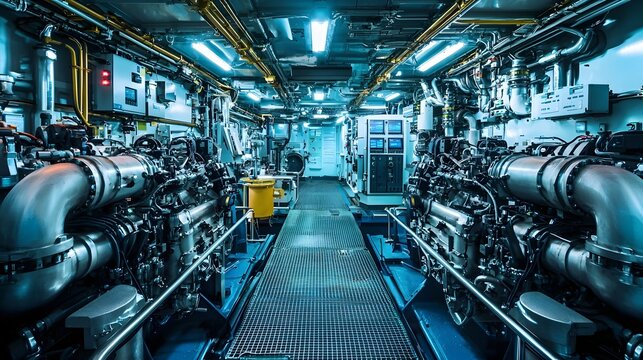 Intricate network of pipes valves and machinery inside the engine room of a large commercial cargo ship