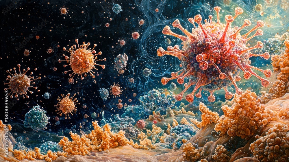 Aufkleber microscopic view of viruses floating against backdrop of cosmic dust particles and cellular elements