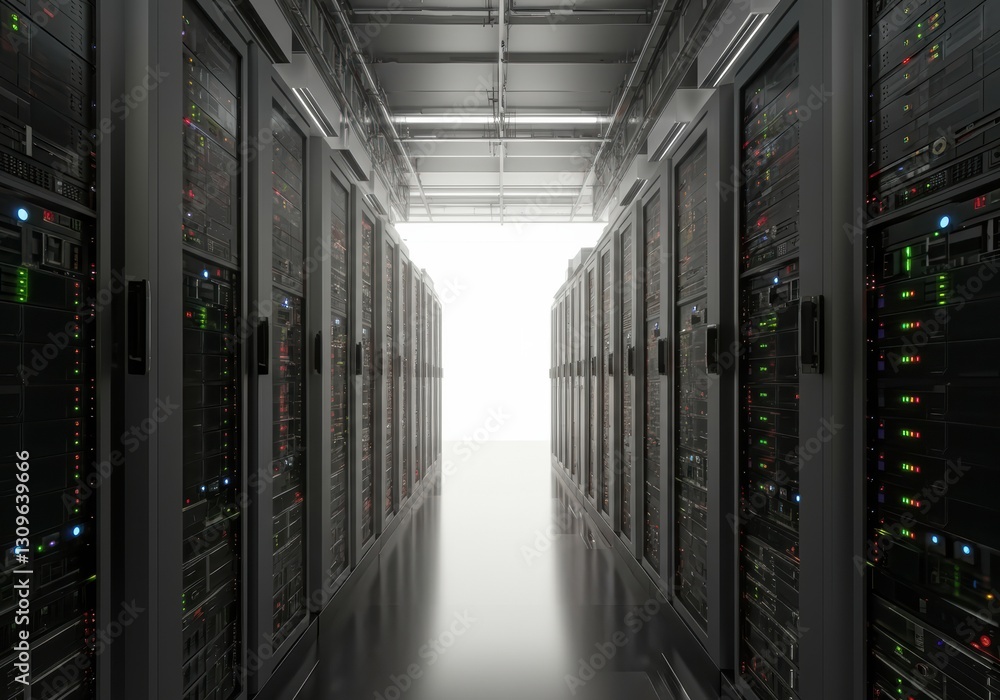 Poster data center corridor with rows of servers illuminated by colorful lights