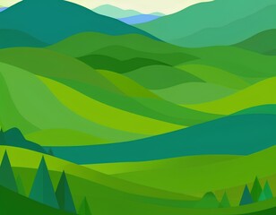 Obraz premium Geometric Green Hills and Mountain Landscape Illustration
