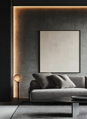 Modern minimalist living room interior design with a neutral color palette, featuring a blank canvas, a comfortable couch, and a sleek coffee table.