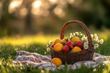 Rustic Wicker Basket Overflowing with Fresh Fruits and Bright Flowers in Soft Light