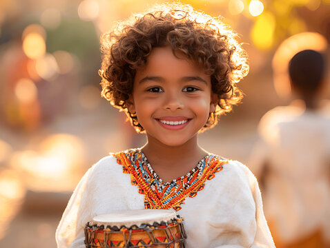 An African boy in national clothes with a drum