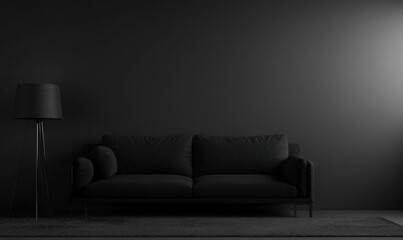 Modern minimalist living room interior design with dark furniture and walls.