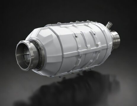 White catalytic converter with lambda sensor on dark backdrop, vehicle exhaust, automobile repair shop
