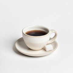 Aromatic Coffee in Elegant Cup with Sugar Cube on Saucer White Background