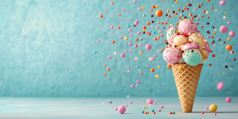 A waffle cone overflowing with mini ice cream, captured in high fidelity for vibrant visual appeal.
