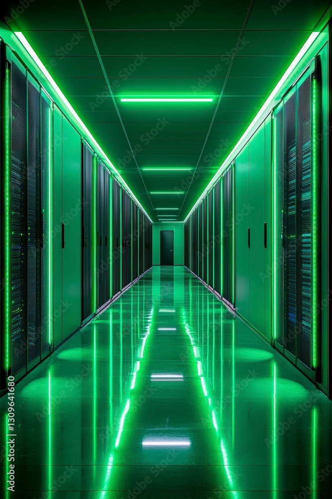 Poster server room green illuminated corridor with rows of network racks and data storage units