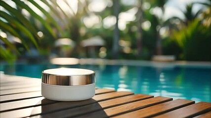 Free space cream mock up products. Jar with cream cosmetics near the swimming pool. travel vacation accessory, spa