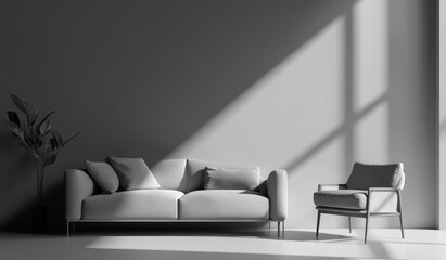 Modern minimalist living room interior design with sofa and armchair, sunlight casting shadows on the wall.