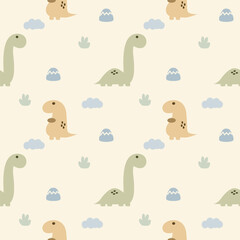 Dinosaur cartoon so cute. On mountain cloud grass background. Pattern seamless vector illustration. 