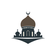 Islamic mosque and crescent moon with lanterns. Eid Mubarak logo. vector illustration