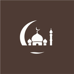 Islamic mosque and crescent moon with lanterns. Eid Mubarak logo. vector illustration