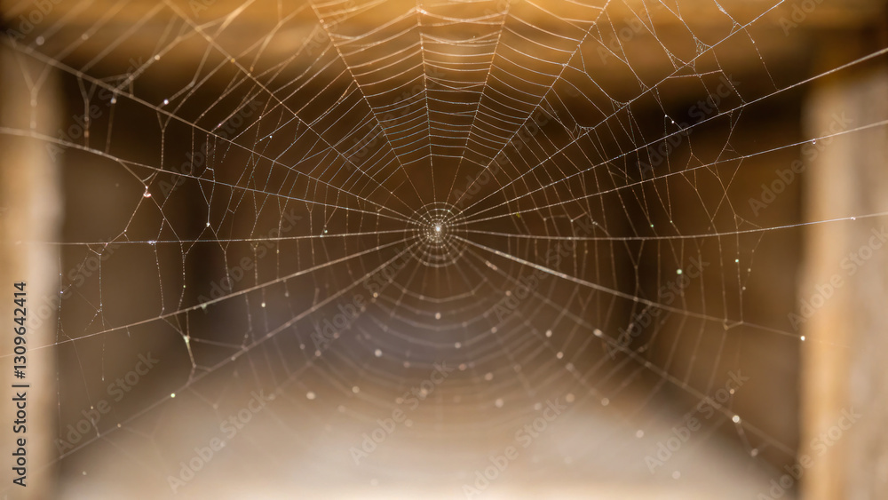 Poster close up view of spider web showcasing intricate patterns and fine details, capturing beauty of natu