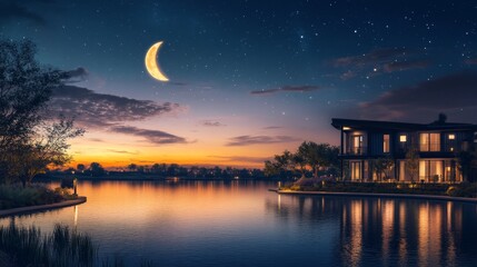 Naklejka premium Ethereal Tranquil Lake with Crescent Moon and Starry Sky at Dusk