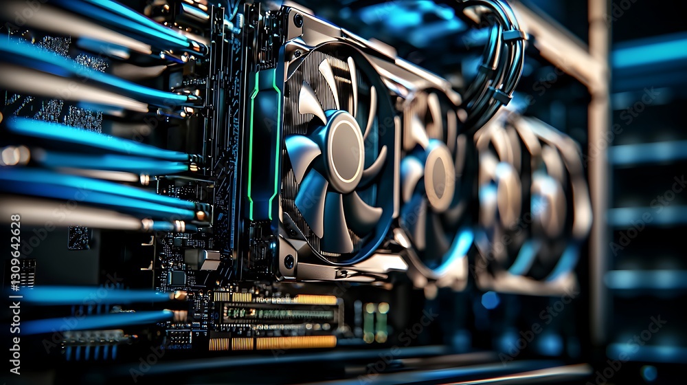 Poster close-up view of a high-performance computer cooling system with illuminated fans and circuit board