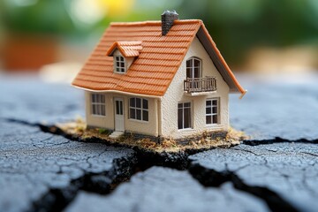 Miniature house model on tilted surface with crack running beneath