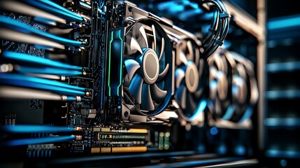 Fototapeta premium Close-up view of a high-performance computer cooling system with illuminated fans and circuit board