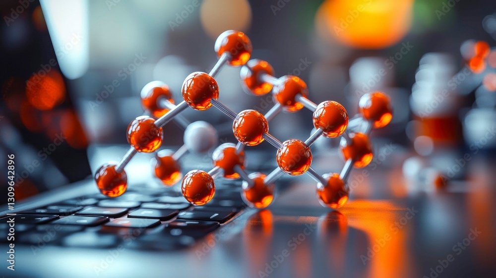 Poster molecular structure on laptop keyboard symbolic of scientific computing and research