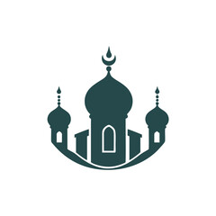 Islamic mosque and crescent moon with lanterns. Eid Mubarak logo. vector illustration