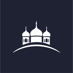 Islamic mosque and crescent moon with lanterns. Eid Mubarak logo. vector illustration