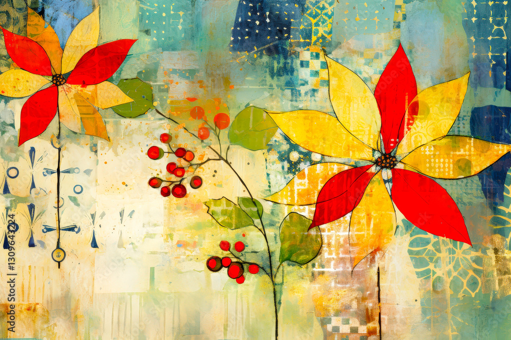 Aufkleber This artwork displays large, colorful flowers with geometric patterns and a textured background, creating a lively visual experience