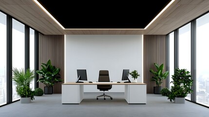 Fototapeta premium Modern Minimalist Office Design with Green Plants and Natural Light