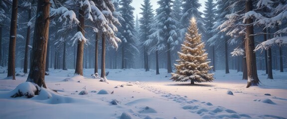 Winter wonderland scenery with a magical Christmas tree in snowy woods, Cold temperature, Covered in snow, Wilderness area, Seasonal greetings, Magical atmosphere