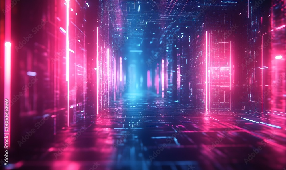Poster abstract futuristic corridor with neon lights and digital grid structure