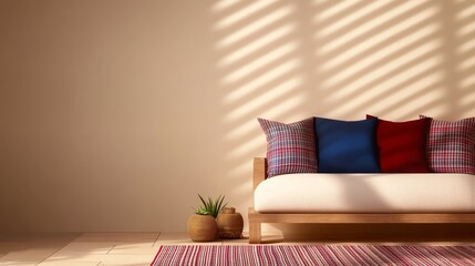 Serene Living Room Design - A minimalist living room with a light beige wall, wooden daybed, patterned pillows, and potted plants. Sunlight streams in creating diagonal shadows