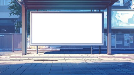 Urban bus stop with blank white billboard mockup for advertisement. City street with roadside shelter, pavement, tiles. Nobody around. Perfect for commercial, advert, advertising promotion template