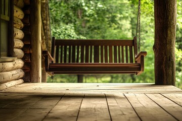 Wooden porch swing hanging on chains with a green background