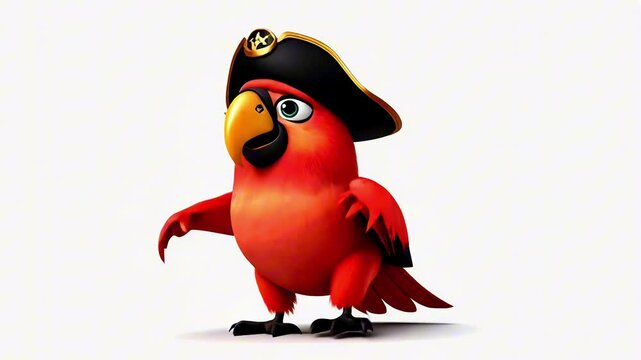 Funny red pirate parrot cartoon character jumping, dancing, pointing and showing something on a white background
