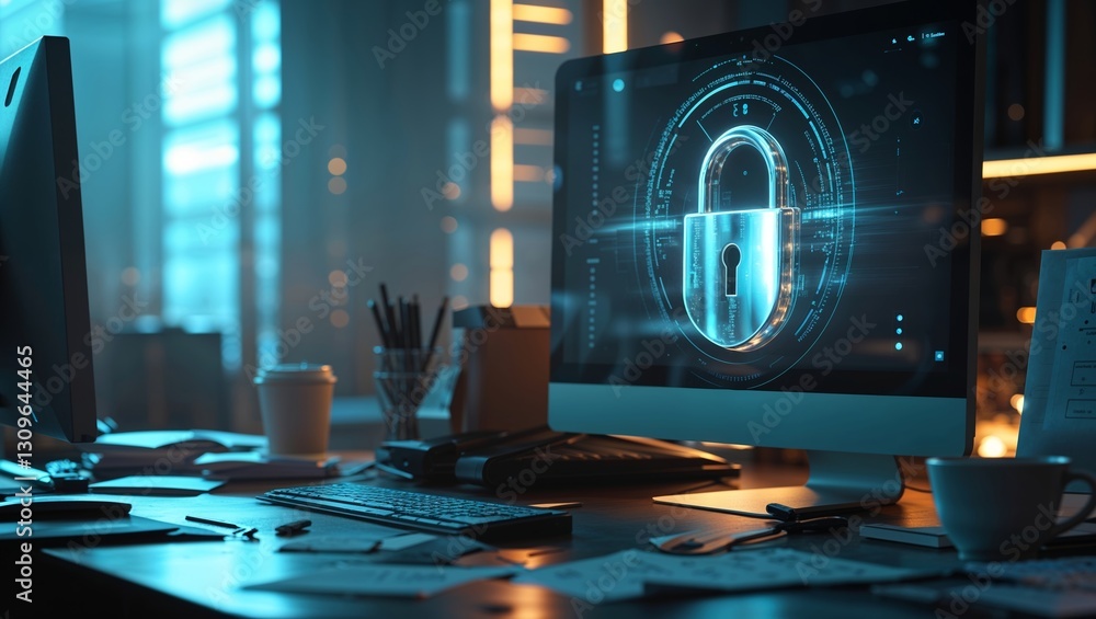 Poster desk setup with computer displaying digital security lock symbol in a modern office environment duri