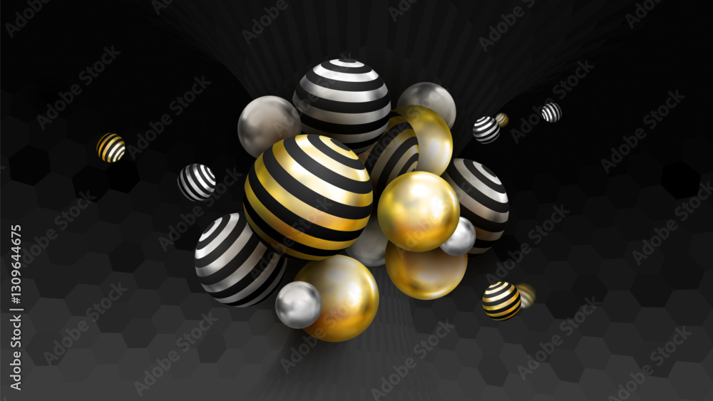 Poster luxury 3d abstract background with floating metallic spheres in gold, black, and silver colors. stri
