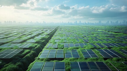 Expansive Verdant Field of Photovoltaic Panels Under a Bright Sky