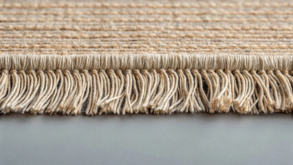 Frayed carpet edge with loose threads, showcasing detailed texture and design