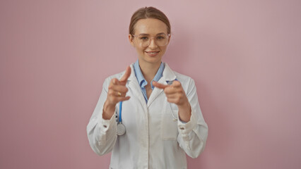 Woman doctor smiling confidently in a white coat with stethoscope, isolated against a soft pink background, showcasing a professional and approachable demeanor.